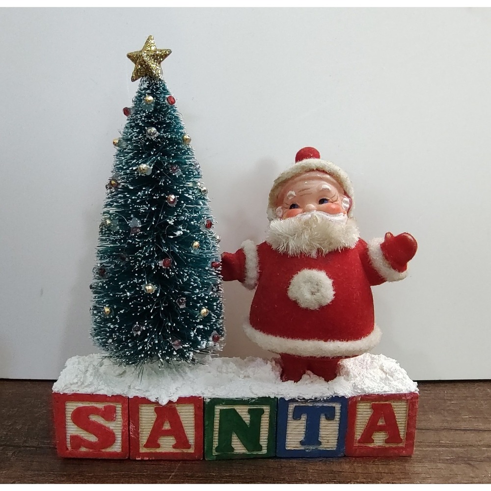 Handmade Christmas Scene Assemblage Art Flocked Santa Building Blocks Sisal Tree